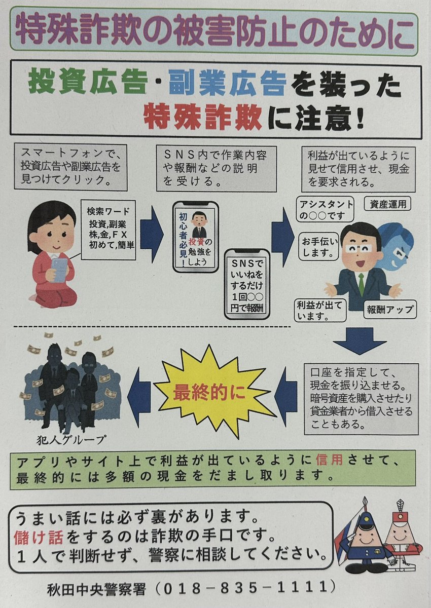 ⚡️連続発生⚡️⚠️投資広告や副業広告を装った特殊詐欺が急増しています❗️SNS型投資詐欺で秋田市の女性は現金3,100万円、同じく秋田市の女性は現金390万円をそれぞれだまし取られています😱  儲け話をするのは詐欺の手口です‼️ 1人で判断せずに警察に相談しましょう ...