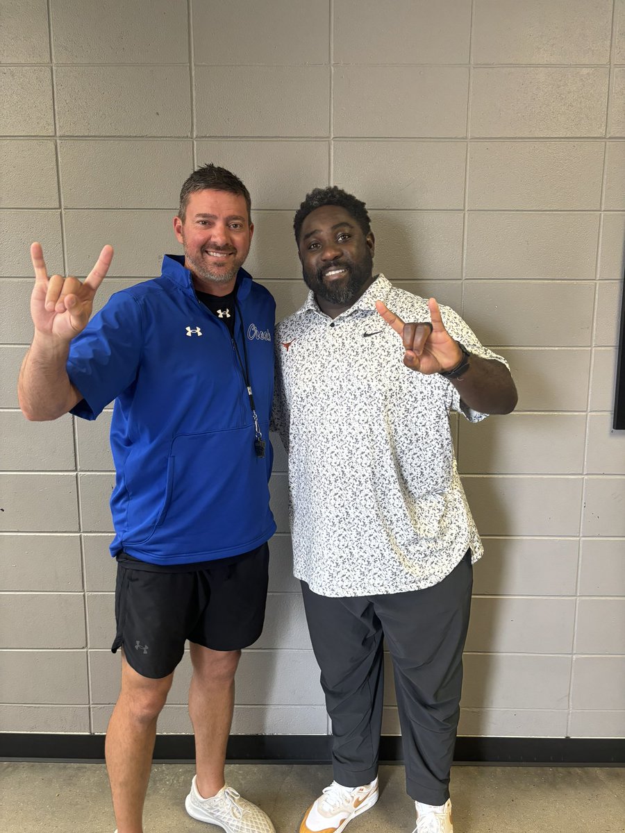 Thank you @CoachK_Baker and @TexasFootball for stopping by to evaluate and talk about our athletes! #HookEm #RecruitCC