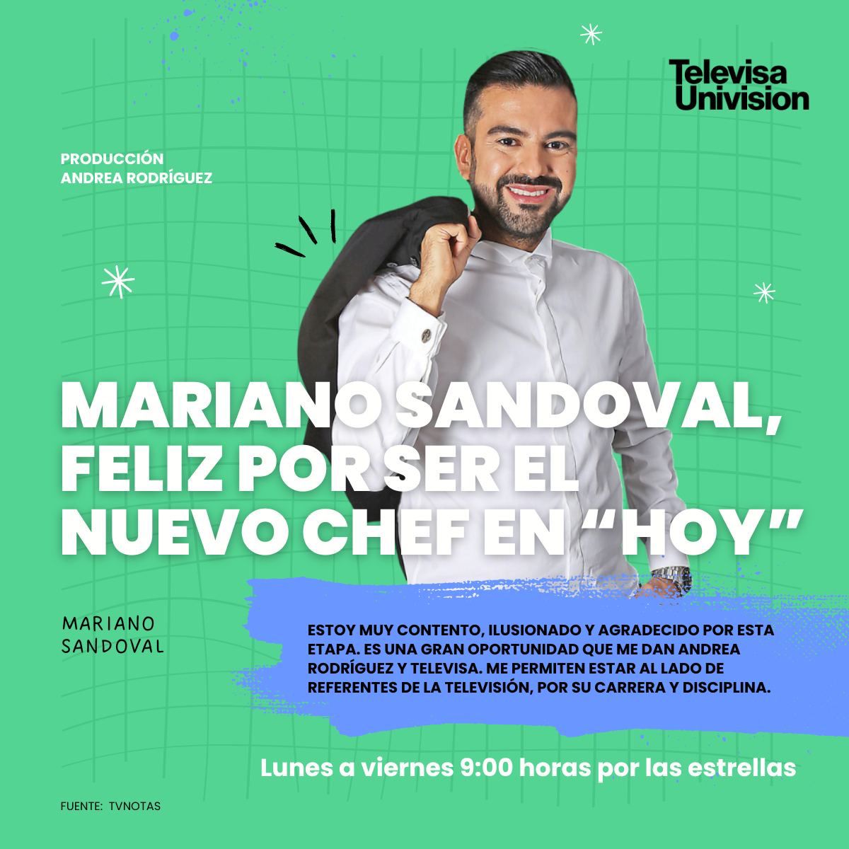 #Entérate ¡#HOY tiene nuevo chef!👨‍🍳 Mariano Sandoval se sumó a nuestra familia y esto nos dijo 👇🏼