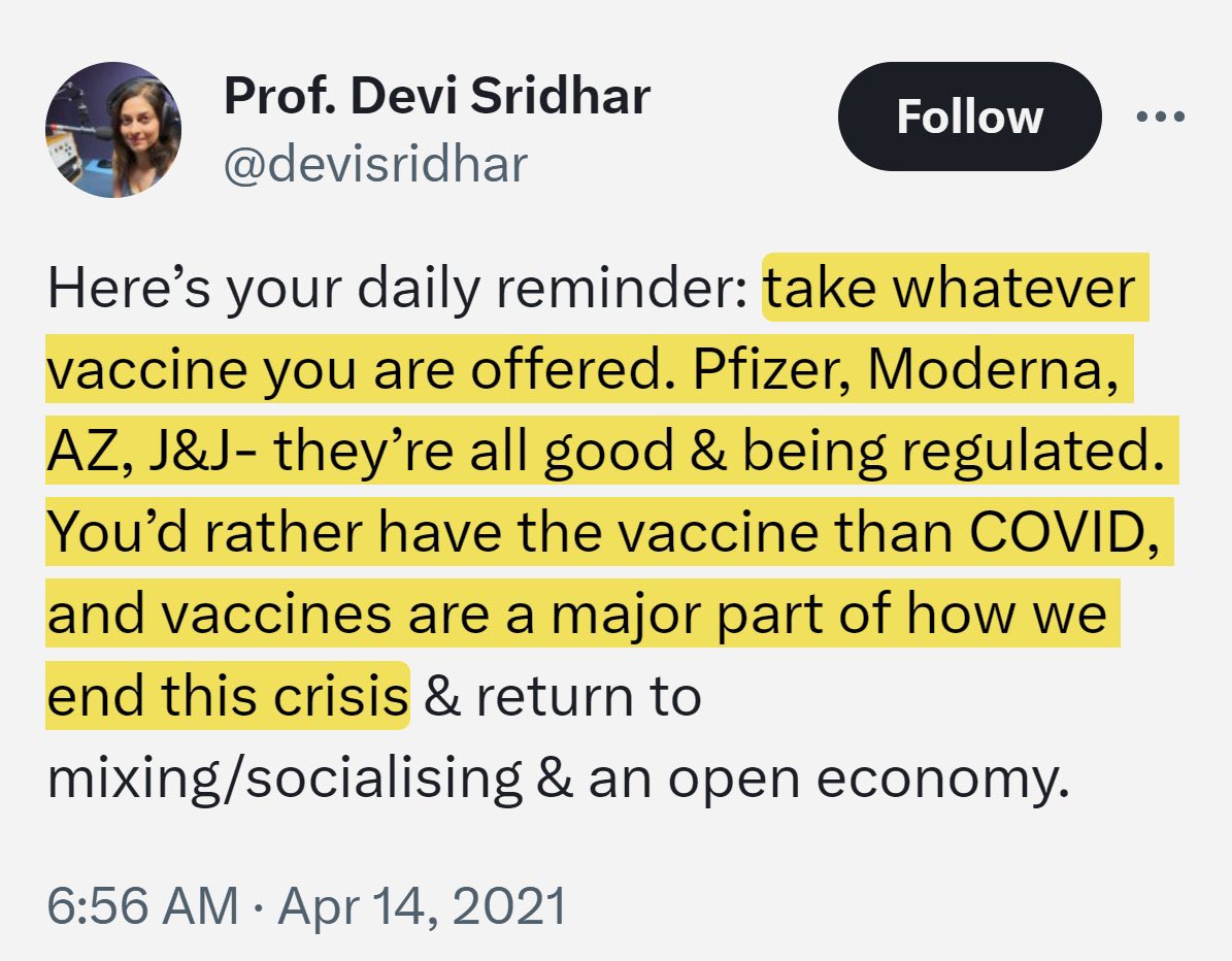 Hey @devisridhar. Although the vaccine side effects were known, you claimed that all vaccines (including AstraZeneca) were good and the only way out of the crisis. Why did you deliberately lie? Being a @WEF ‘Young Global Leader’, were you ordered to gaslight the general public?