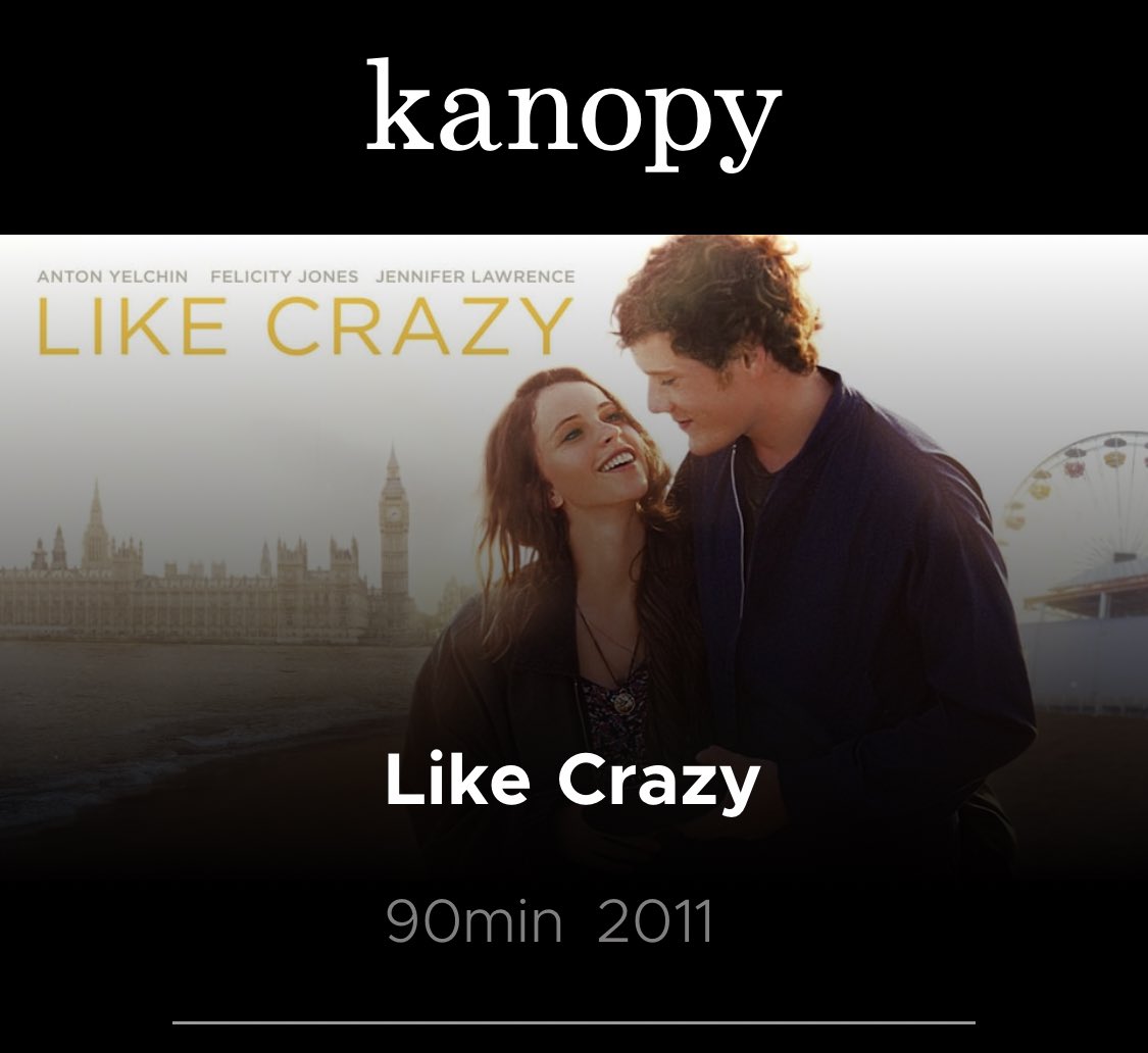 In case anyone uses Kanopy streaming they have Like Crazy.

Will probably watch later.