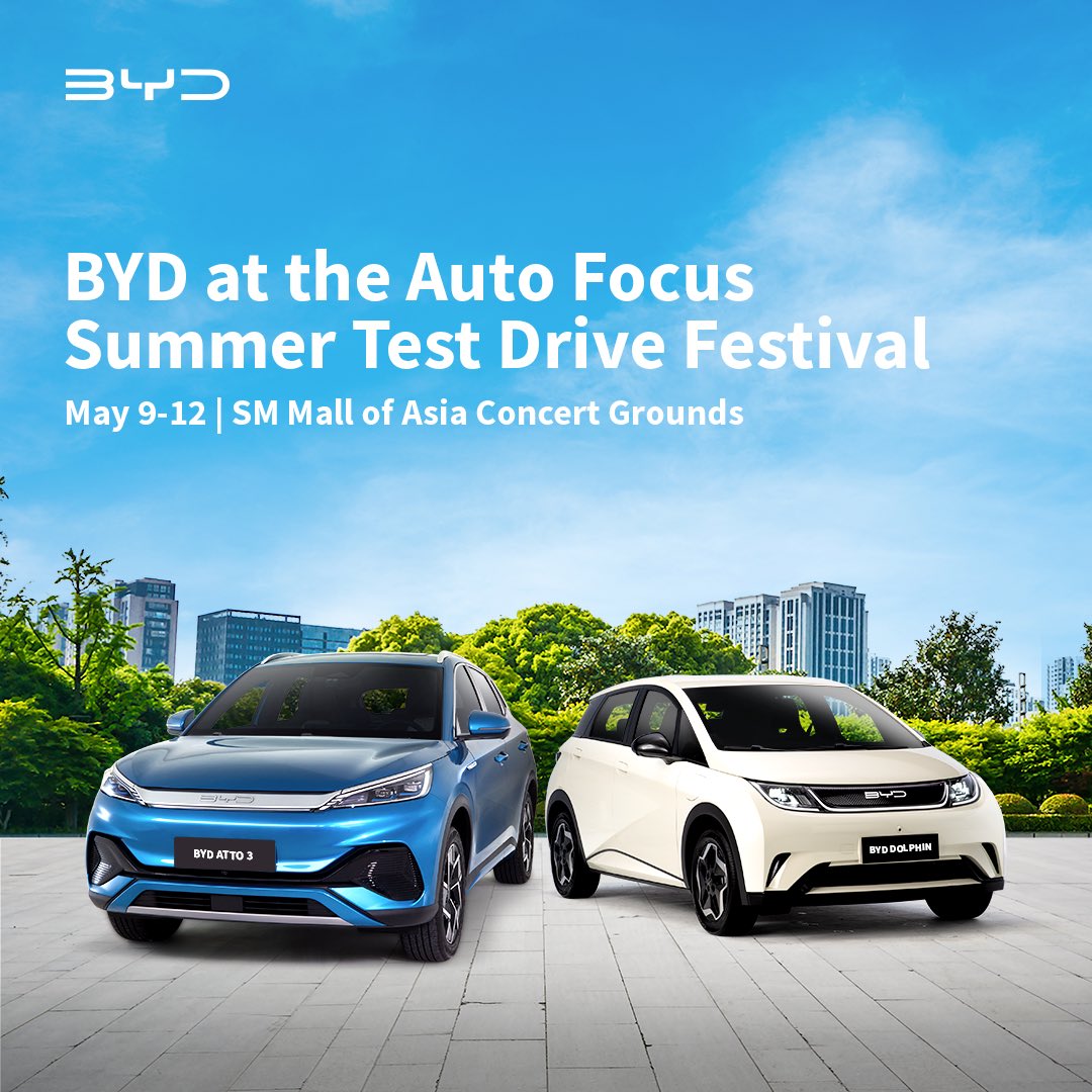 Magic899's tweet photo. Head over to the Auto Focus Summer Test Drive Festival this May 9-12 to experience and learn the benefits of owning a BYD EV like energy savings, long range, and ease of charging.
#GoElectricwithBYD
#BYDTestDriveFestival2024
#AutoFocusPHL
#BYDCarsPH
#CommandTheFuture https://t.co/Odoo91tMUQ