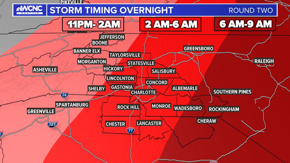 Here's a look at the overnight timing and impacts for round two of severe storms. #cltwx #ncwx #scwx #wcnc #SevereAware