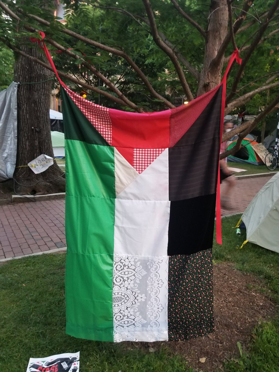 Saw this beautiful quilted Palestinian flag at the Penn encampment today and had to share. A space of love, hope and creativity.