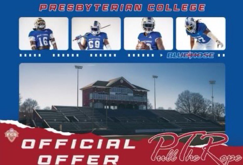 After a great talk with @CoachMartinOC and @CoachBStone_ I am extremely blessed and highly favored to have my first division 1 offer to Presbyterian College !! @BlueHoseFB