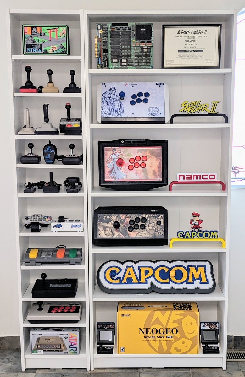 Next shelf mostly done, I'll probably 3d print some little accessories to go with some of it. I'm really happy with how this turned out. #NeoGeo #Capcom #Tekken #StreetFighter #C64 #MSX #MiSTerFPGA #CPS1 #Jamma #Namco #SNK #Hori #MadCatz