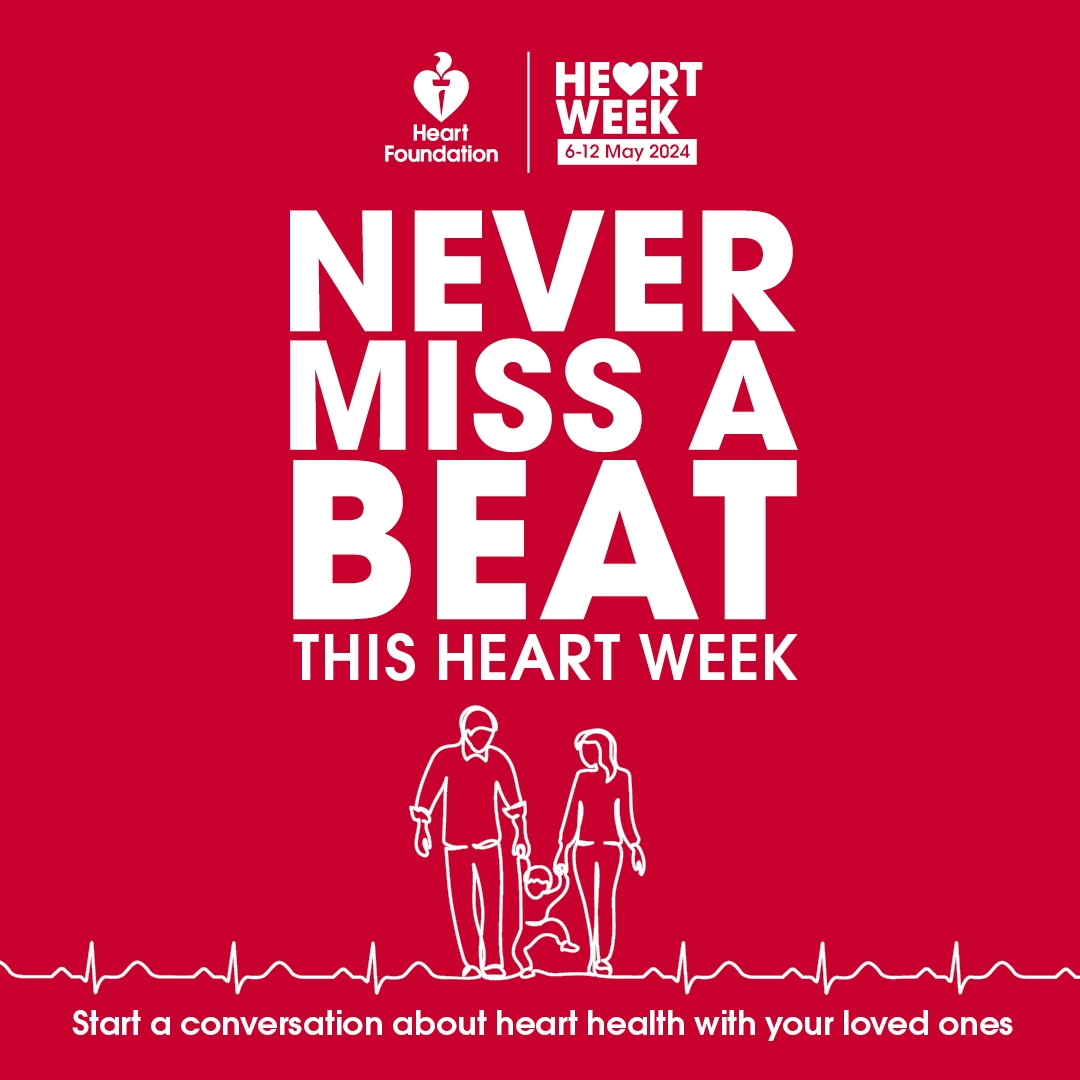 Knowing your risk of heart attack or stroke is the first step to a healthier heart. That’s why the @heartfoundation wants you to see your GP for a Heart Health Check this Heart Week (6-12 May 2024).
Book a Heart Health Check with your GP today and #NeverMissABeat.  -^v-💓-^v-