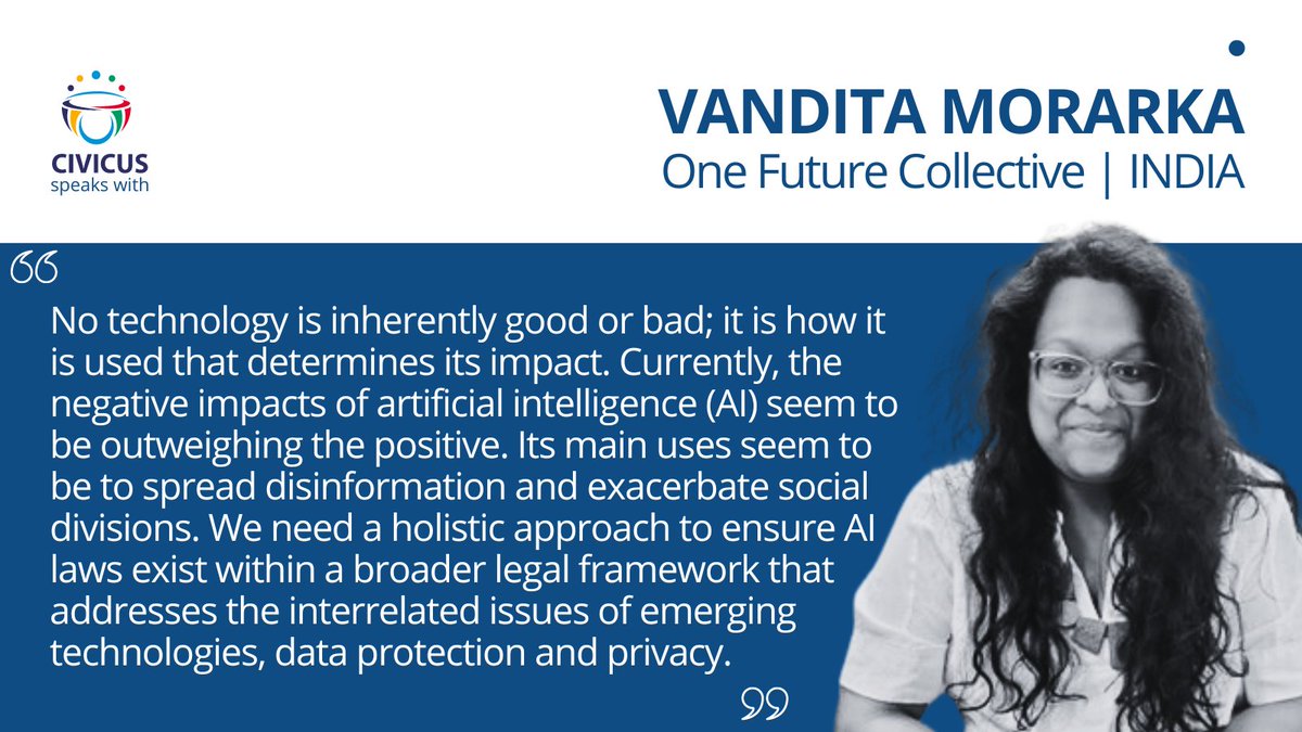 🇮🇳INDIA: ‘The negative impacts of AI on democratic processes seem to be outweighing the positive’ says @vanditamorarka from @onefuture_india on AI-powered disinformation in the campaign for India’s current election. 🔗web.civicus.org/VanditaMorarka #CIVICUSLens @internetfreedom