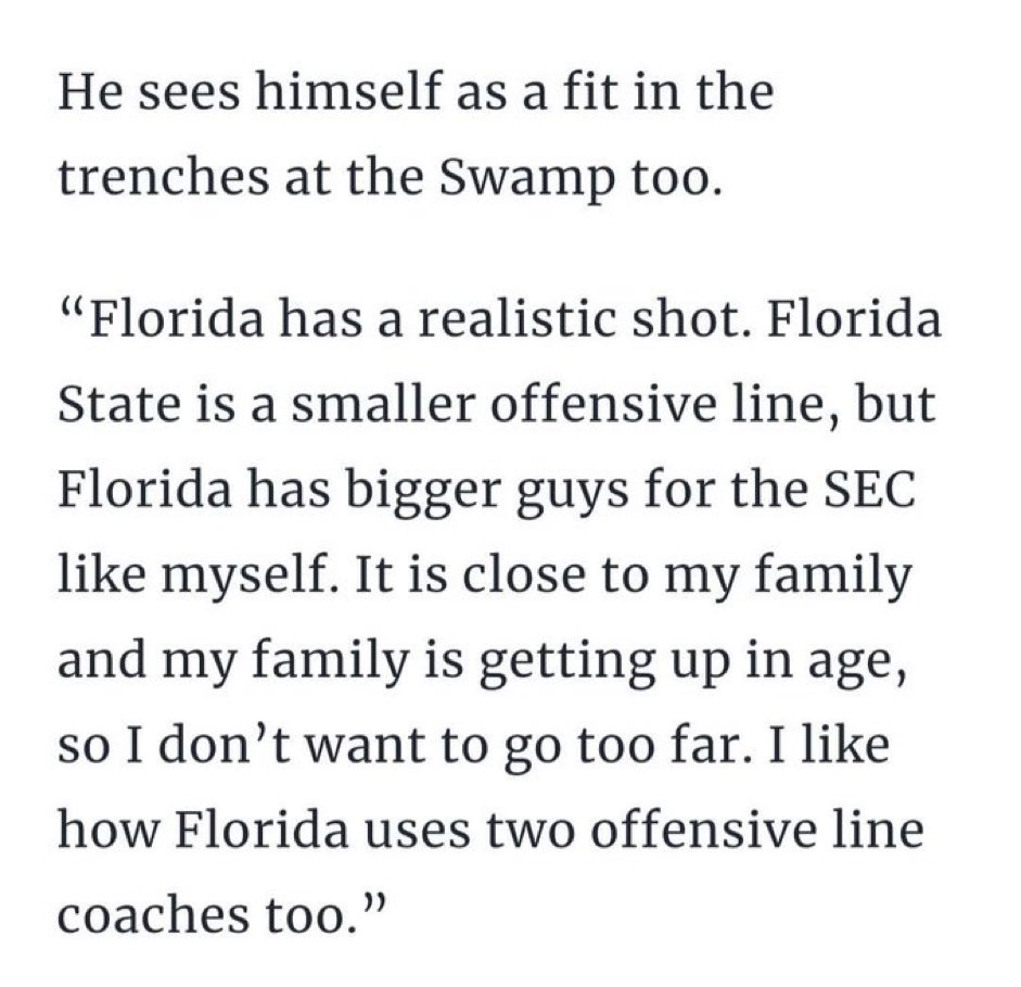 3 takeaways from this quote by 4⭐️ OL Solomon Thomas: 

1) FSU has a small Oline 🫣
2) '..has bigger guys for the SEC' #ItJustMeansMore 👑 
3) Positive comments about UF's two Oline coach philosophy 👀

#GatorNation🐊