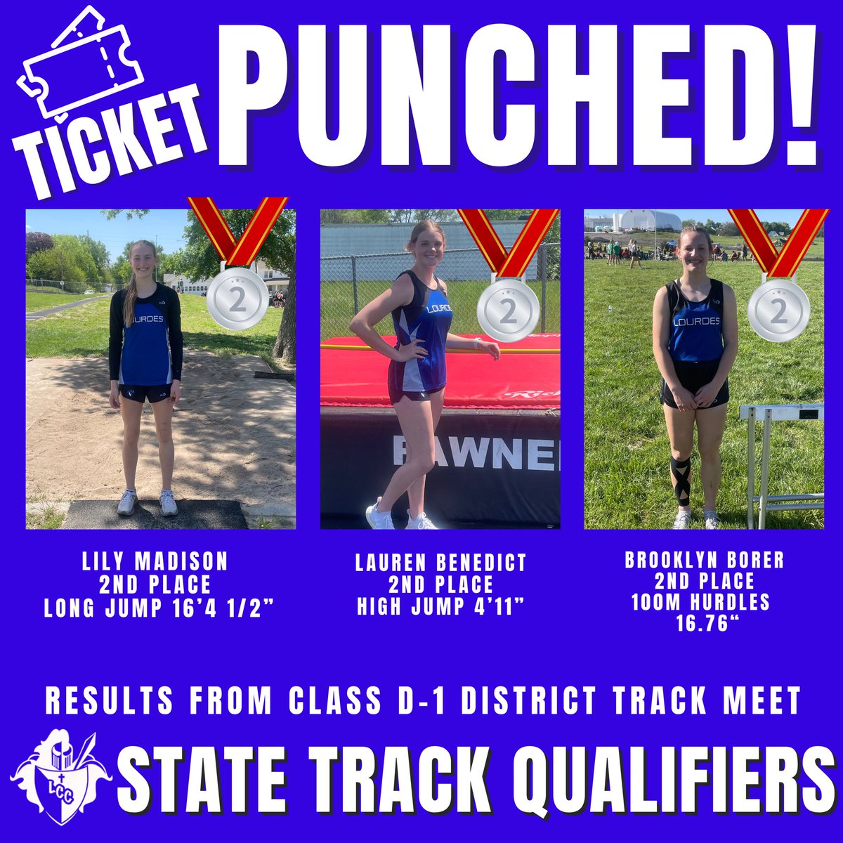 These Lady Knights PUNCHED their 🎟️TO STATE today! Congratulations! 🙌💙
🥈2nd Place: Lily Madison - Long Jump
🥈2nd Place: Lauren Benedict - High Jump
🥈2nd Place: Brooklyn Borer - 100m Hurdles
#knightpride
