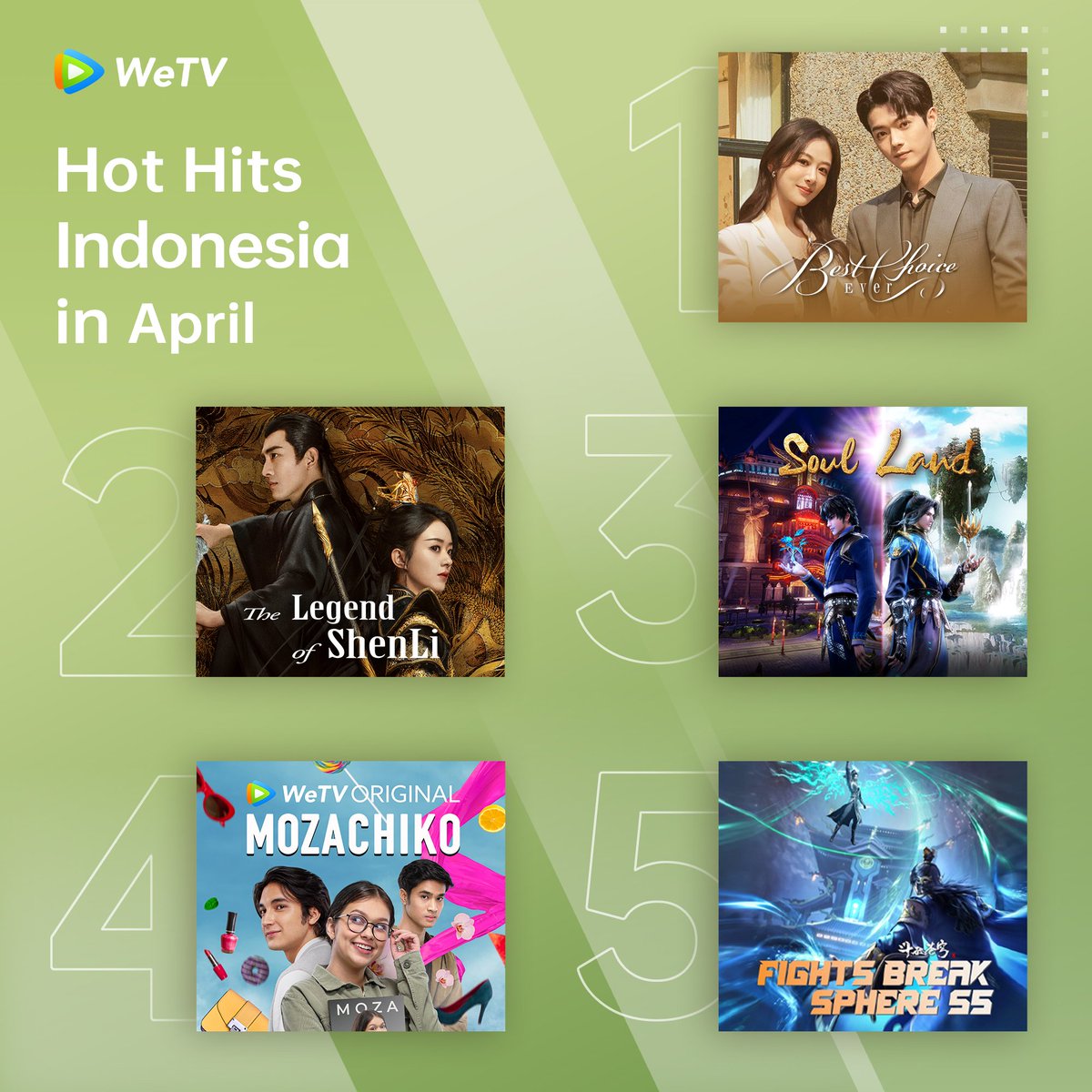 #WeTV Indonesia Hot Hits in April🔥

#BestChoiceEver #承欢记
#TheLegendofShenLi #与凤行
#SoulLand #斗罗大陆
#WeTVOriginal #Mozachiko
#FightsBreakSphereS5 #斗破苍穹年番

#WeTVRanking
#WeTVAlwaysMore