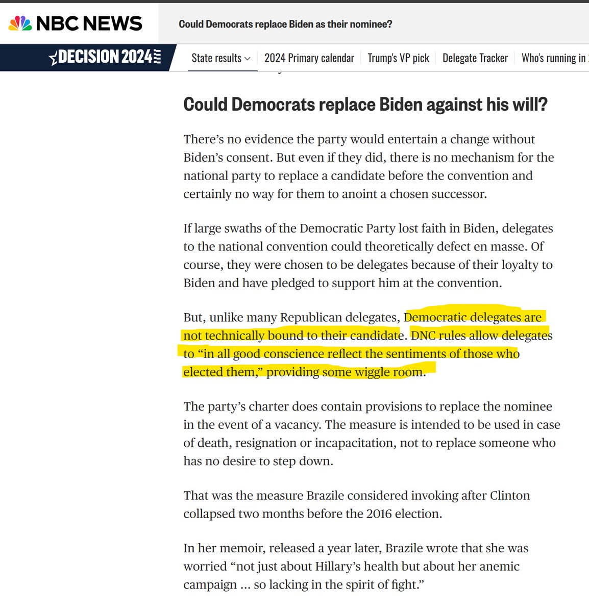 Выяснил: демы таки могут заменить Байдена ВОПРЕКИ его воле на DNC (в отличие от респов, которые не могут провернуть такой финт ушами): nbcnews.com/politics/2024-…