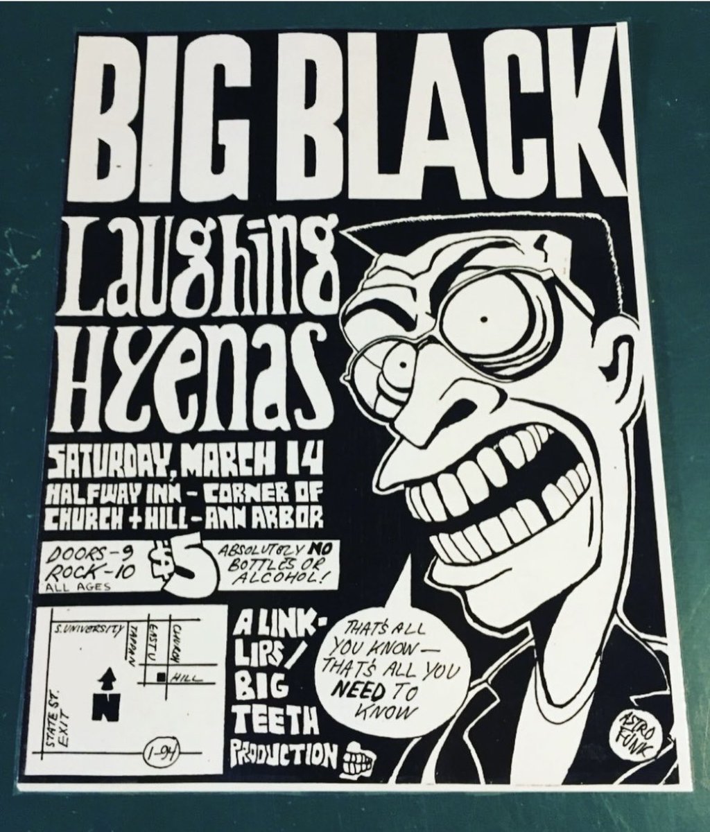 RIP Steve Albini, 🎸, producer/recorder, & infamous indie scold. Big Black were an integral part of my misspent youth; Shellac not so much; Rapeman not at all. Condolences to his family, friends, & fans. (Mark Dancey flyer for 3/14/86 Big Black show. More: instagram.com/p/C6uvTXQtGZo/…