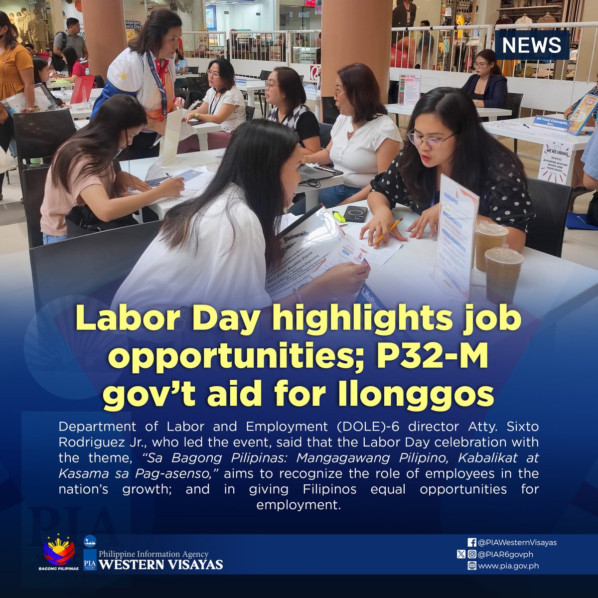 The celebration of the 122nd Labor Day in Iloilo City has given Ilonggos more opportunities as over 7,000 job vacancies were offered by different local and international companies in a job fair organized by the DOLE-6 on May 1.

Read: pia.gov.ph/news/2024/05/0…

#PIAWesternVisayas