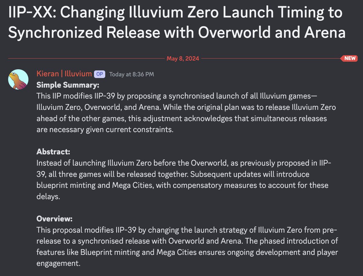 BREAKING‼️ New proposal in discord from the CEO of @illuviumio Kieran.

'All three games will be released together'

Yes! That means Illuvium Zero to be launched on time with no delays. Can we all relax now?

Also,
-Free 2 Play: On all platforms
-Blueprints: Minting 6-8 weeks…