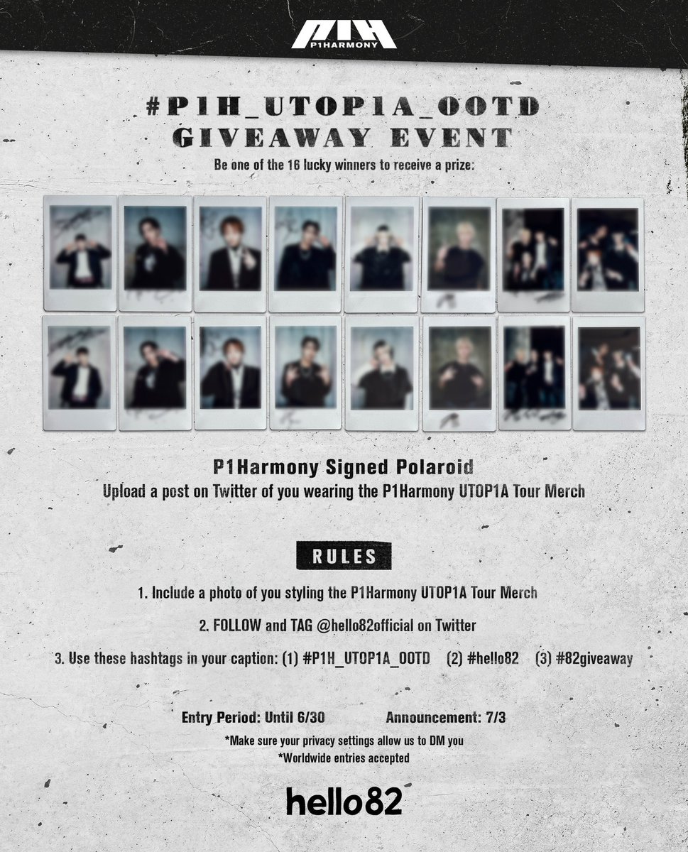 #P1H_UTOP1A_OOTD Giveaway Event 🤩 P1ece, let's see you Killin' It in these outfit of the day shots! Get ready to dress up and style any of the Official P1Harmony UTOP1A Tour Merch for a chance to win one of these EXCLUSIVE PRIZES! ✨ P1Harmony Signed Polaroid (1 random of 16)…
