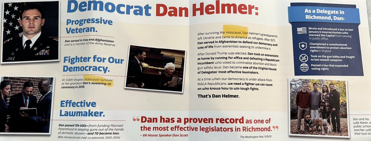 During the week of Holocaust Remembrance Day, and at a time when #NeverAgainIsNow , it seems Dan Helmer @HelmerVA is campaigning off the Holocaust. There is just no other way to say it. He references his family history 3 times in one mailer.

And yes, this is the same guy who…