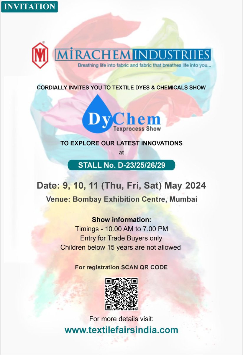 Good Morning Friends.🙏🌹. We are participating in Dye-Chem Texprocess Show at Bombay Exhibition Centre, Mumbai. Cordially invites you to my stalls. Details is in invitation card. So friends give your blessings to make it successful. God bless all of you.💐🤧💐.