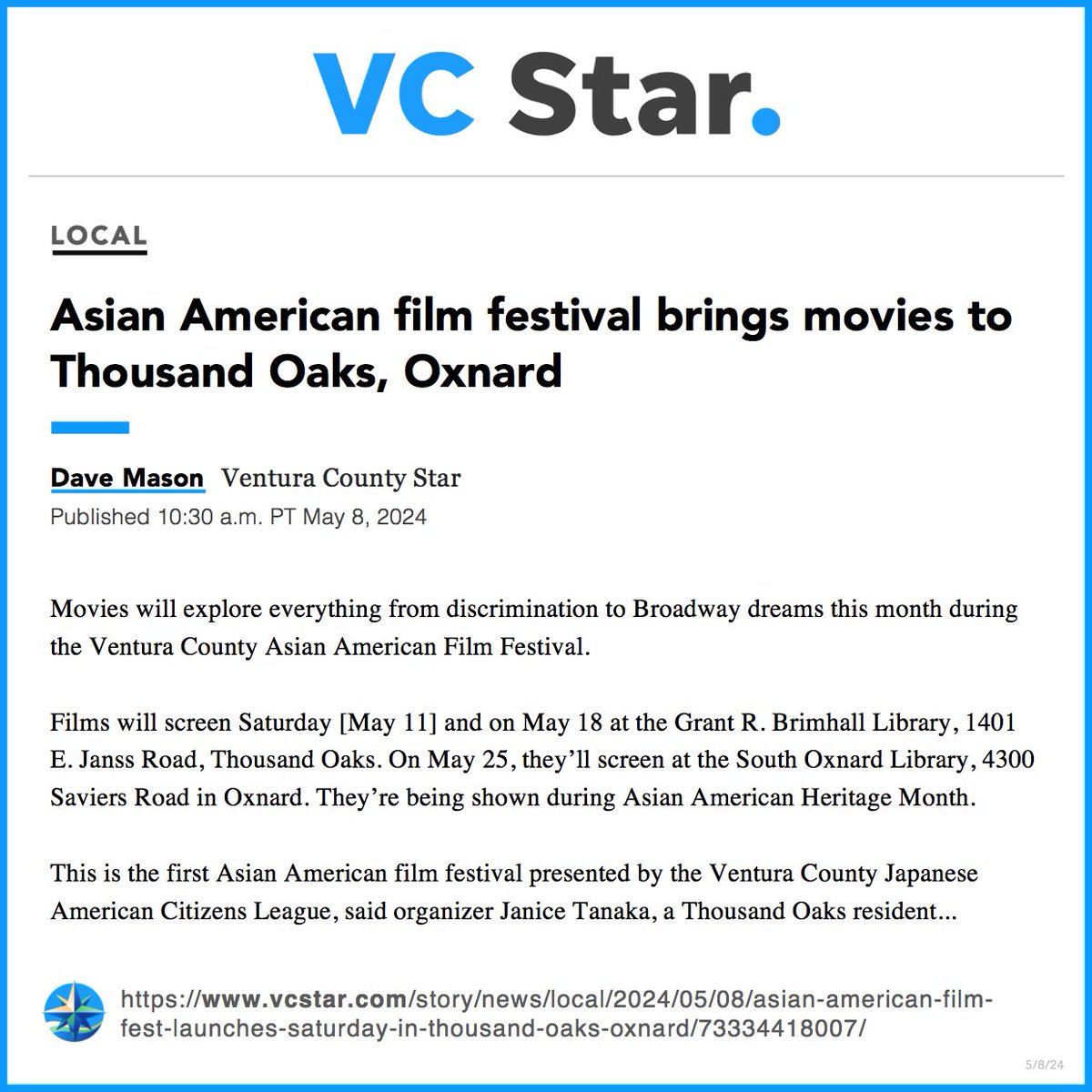 📰 @vcstar Local News: #VenturaCo Asian American Film Festival in #ThousandOaks and #Oxnard, Saturdays this month. @TOLibrary and South @oxnard_library. 
🆓🎦 #NoNoGirl May 18 at 1pm, in Thousand Oaks❗️
Director & Cast Q&A❗️
Full #VCStar write up:
🔗vcstar.com/story/news/loc…