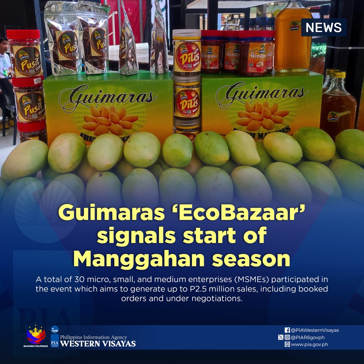 The DTI-Guimaras in collaboration with the Guimaras provincial government has launched the weeklong ‘Guimaras Island EcoBazaar’ on April 24, which signals the start of the highly-anticipated Manggahan Festival.

Read: pia.gov.ph/news/2024/05/0…

#Manggahan2024
#PIAWesternVisayas
