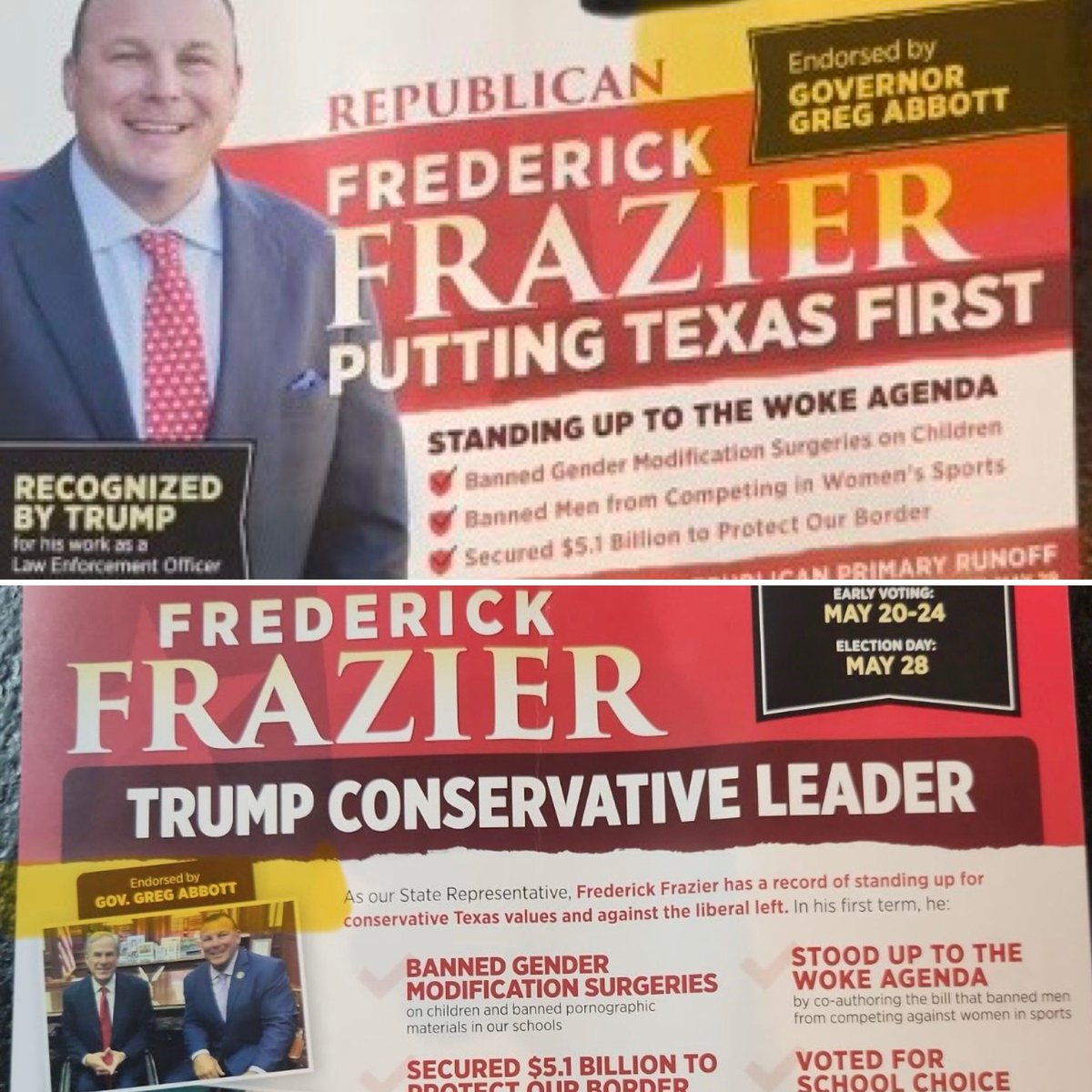 NEW mailer from @FrazierForTexas says he is endorsed by Gov. @GregAbbott_TX. A few weeks ago the Endorsements page disappeared from Frazier’s campaign website (again) after briefly reappearing with Abbott pictured at the top. Abbott never campaigned for him in #HD61. #TXLege