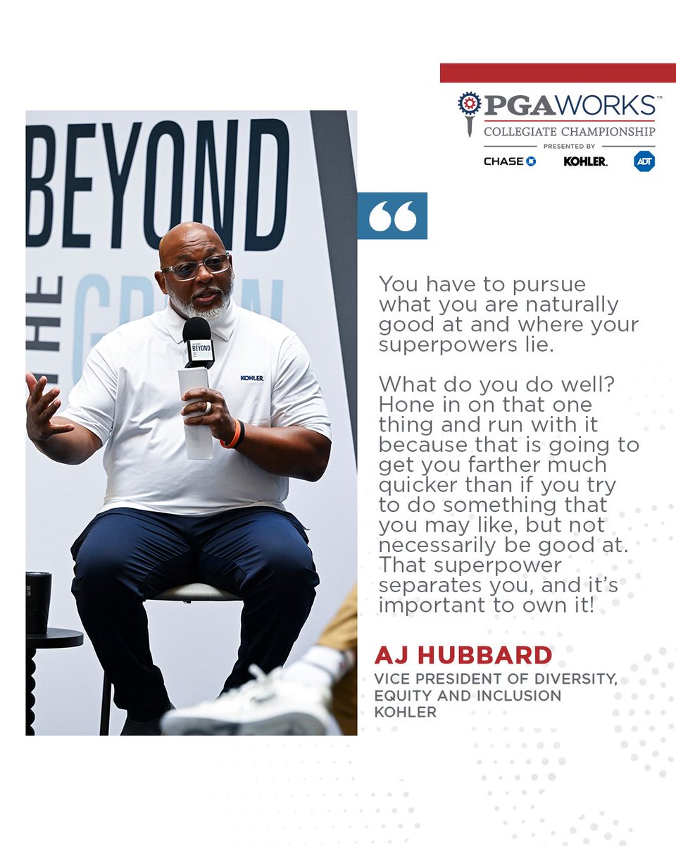 AJ Hubbard, VP of Diversity, Equity and Inclusion at @Kohler, said it best.❤️ Thank you for sharing your wisdom, and inspiring our student-athletes at the @PGAWORKS Collegiate Championship to see themselves fitting their gifts and talents into the golf industry.🙌 #PGAWORKS