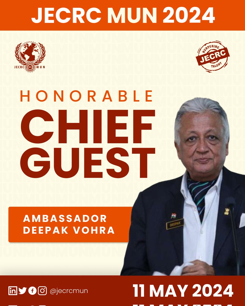 JECRC_MUN's tweet photo. Honored to announce Ambassador Dr. Deepak Vohra as the esteemed Chief Guest for the thirteenth edition of JECRC MUN!
Join us as we welcome this son of Bharat, whose wisdom and courage inspire us all.
#mun #conference #experience #oppurtunity #work #youththatdebate #event #Jaipur https://t.co/0lT9xi3syz