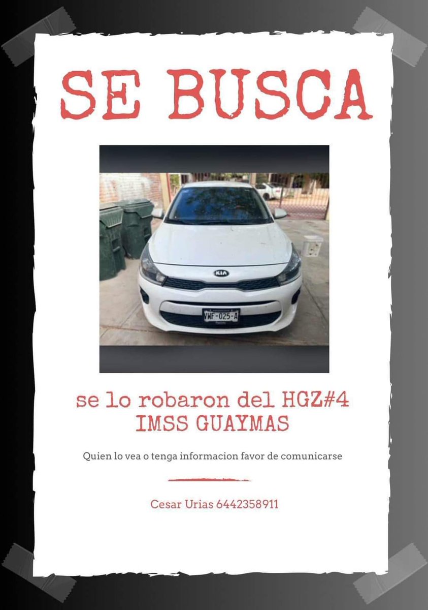 #Guaymas Roban auto afuera del #IMSS Ayer robaron a una clienta de @BBVA_Mex en la puerta del banco, ahora un auto. Se echaron la cola al hombro los militares.
