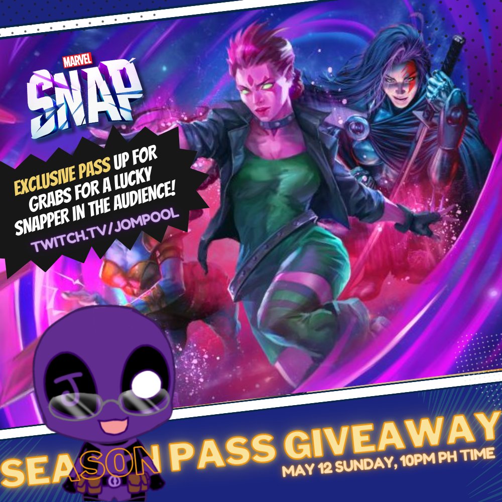 🎁 GIVEAWAY TIME 🎁 

Sharing the good vibes so I'm gifting a May Season Pass on #MarvelSnap ! 🫡 

4 Steps To Enter:
☑️Follow me on X
☑️Like & RT
☑️Tag a Snap Homie
☑️Follow me on twitch.tv/jompool 

The Winner will be announced on stream! May 12 🔊 GL & Happy Snapping! 🥳