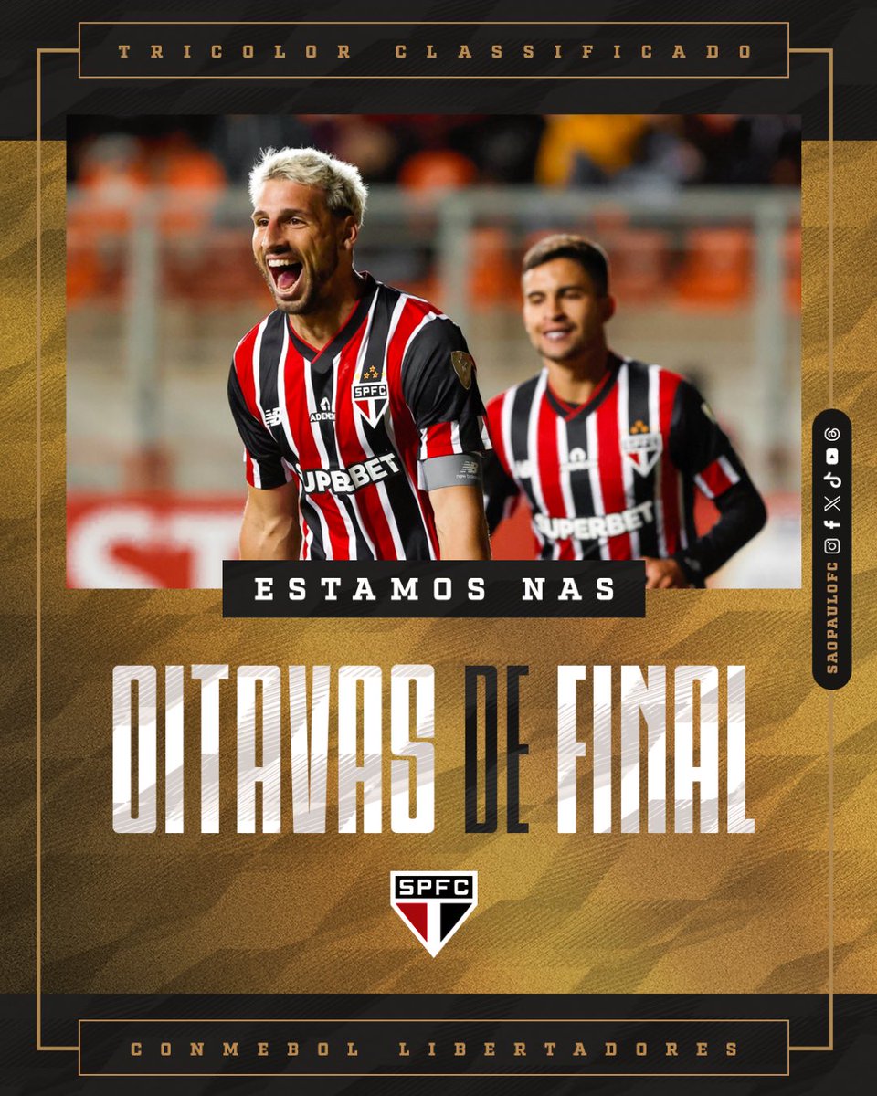 SaoPauloFC's tweet photo. ESTAMOS NAS OITAVAS! 

Com duas rodadas de antecedência, o Tricolor garante vaga na próxima fase da @LibertadoresBR!

#VamosSãoPaulo 🇾🇪 https://t.co/VcgkiBza4M