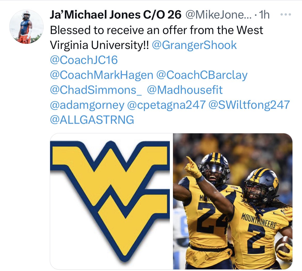 Shoutout to @CoachTylerAllen for absolutely killing it on the recruiting trail today! Let’s get that @pikeroadFB to @WVUfootball pipeline ACTIVATED! LET’S GOOOO!!!! @CasonMyers09 @B__Law5 @MikeJones__21 @FanRecruitWVU @WVUBarstool @WVUCountryRoads @couz206 @PaulMountaineer