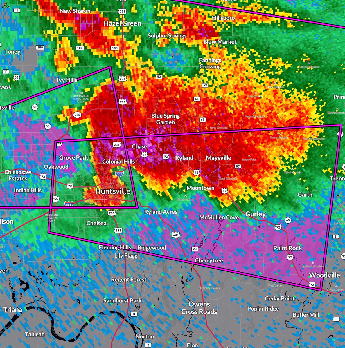 Observed Tornado Warning including Huntsville AL, Gurley AL and Paint Rock AL until 10:15 PM CDT. Seek Shelter!
We’re tracking this using <a href="/RadarOmega/">RadarOmega</a> LIVE now: youtube.com/watch?v=75JPzY…