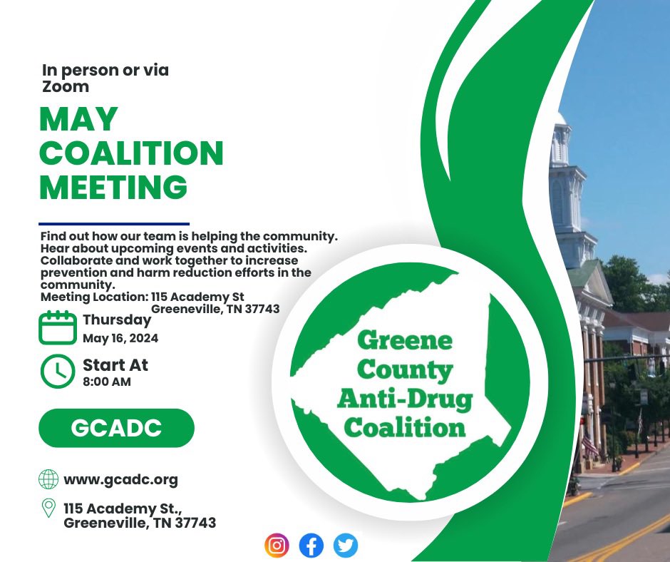 May Greene County Anti-Drug Coalition meeting info:

📍 : Greene County Partnership, 115 Academy St, Greeneville, TN 37743
⏰ : 8:00AM
📅 : May 16, 2024

#gcadc #prevention #harmreduction