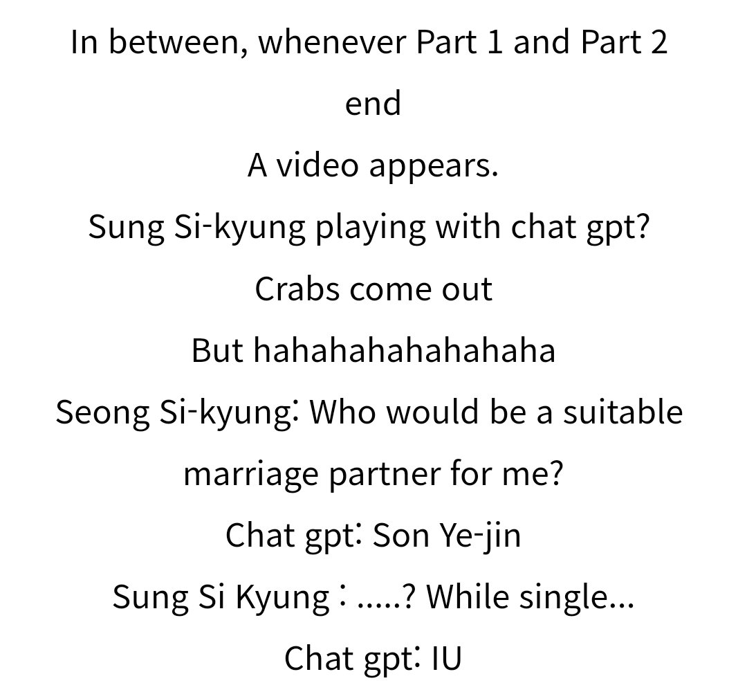 This is cute. During SungSiKyung concert (don't know him, sorry), there was a segment where they were playing with ChatGPT. They asked ChatGPT who would be a good marriage partner for SSK, and ChatGPT answered #SonYeJin 🤭🤭