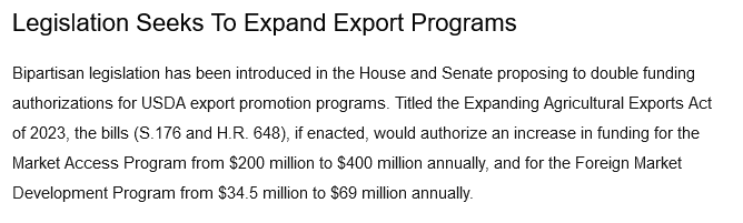 McPhersonHall's tweet image. The House Agriculture Committee is scheduled to mark up 2023 #FarmBill text on May 23, 2024
Rumor has it will have more taxdollars going to Market Access Program (MAP) &amp;amp; Foreign Market Development (FMD)

#MN01 @RepFinstad's #HR648 Agriculture Export Promotion Act DOUBLES funding