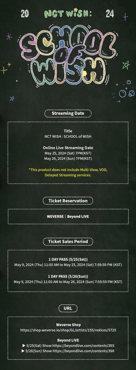 📣ประกาศถ่ายทอดสดแฟนมีตติ้ง 
<NCT WISH: SCHOOL of WISH>

✰ถ่ายทอดสด รอบโซล🇰🇷✰

🔴Beyond LIVE
▪️วันเสาร์ที่ 25 พฤษภาคม | 17:00 น. (ไทย)
🔗 beyondlive.com/contents/395　
▪️วันอาทิตย์ที่ 26 พฤษภาคม | 17:00 น. (ไทย)
🔗 beyondlive.com/contents/396

🔴Weverse Concerts
▪️NCT WISH Weverse Shop…