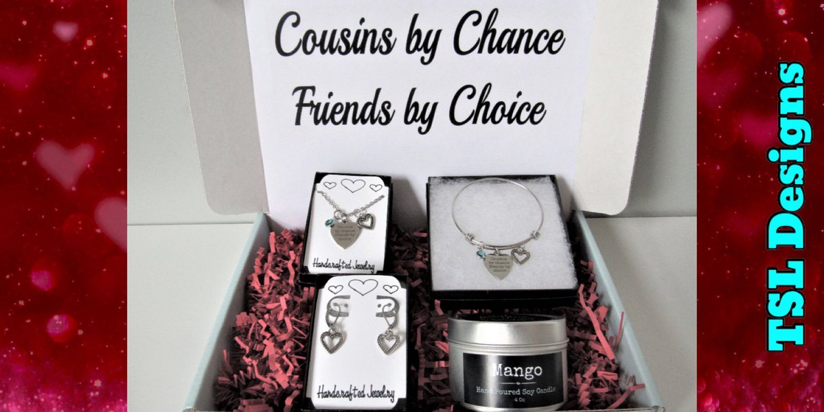 Cousins Gift Box ~ Matching Laser Engraved Necklace & Charm Bracelet With Heart Charm and Birthstone Crystal, Heart Earrings and a Handpoured Soy Candle
buff.ly/48cUS2T
#giftbox #cousin #handmade #jewelry #handcrafted #shopsmall #etsy #etsyhandmade #etsyjewelry