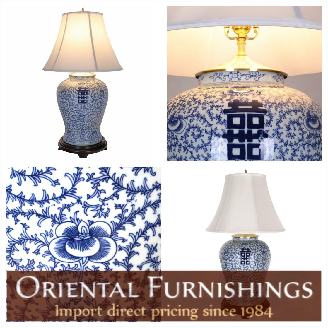 #chinoiserie 30'H. Hand Painted Blue and White Chinese Porcelain Lamp with 3 way switch, Fabric Shade and Wooden Stand Seen here: bit.ly/3RlenzZ