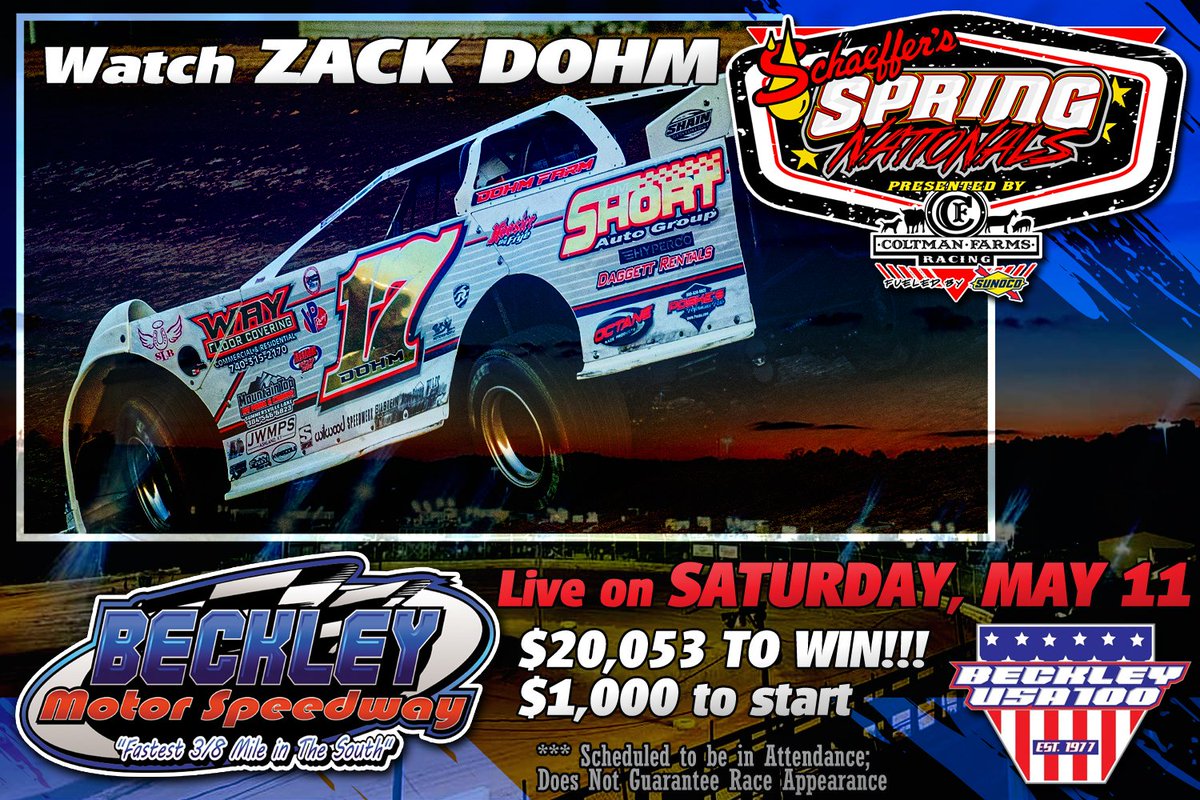 Watch Zack Dohm vie for the $20,053 top prize with the @SchaefferOil #SpringNationals in the annual Beckley USA 100 on Saturday, May 11 at Beckley Motor Speedway! If you are unable to make the trip to Mount Hope, West Virginia, watch every lap LIVE on @FloRacing. 🏁