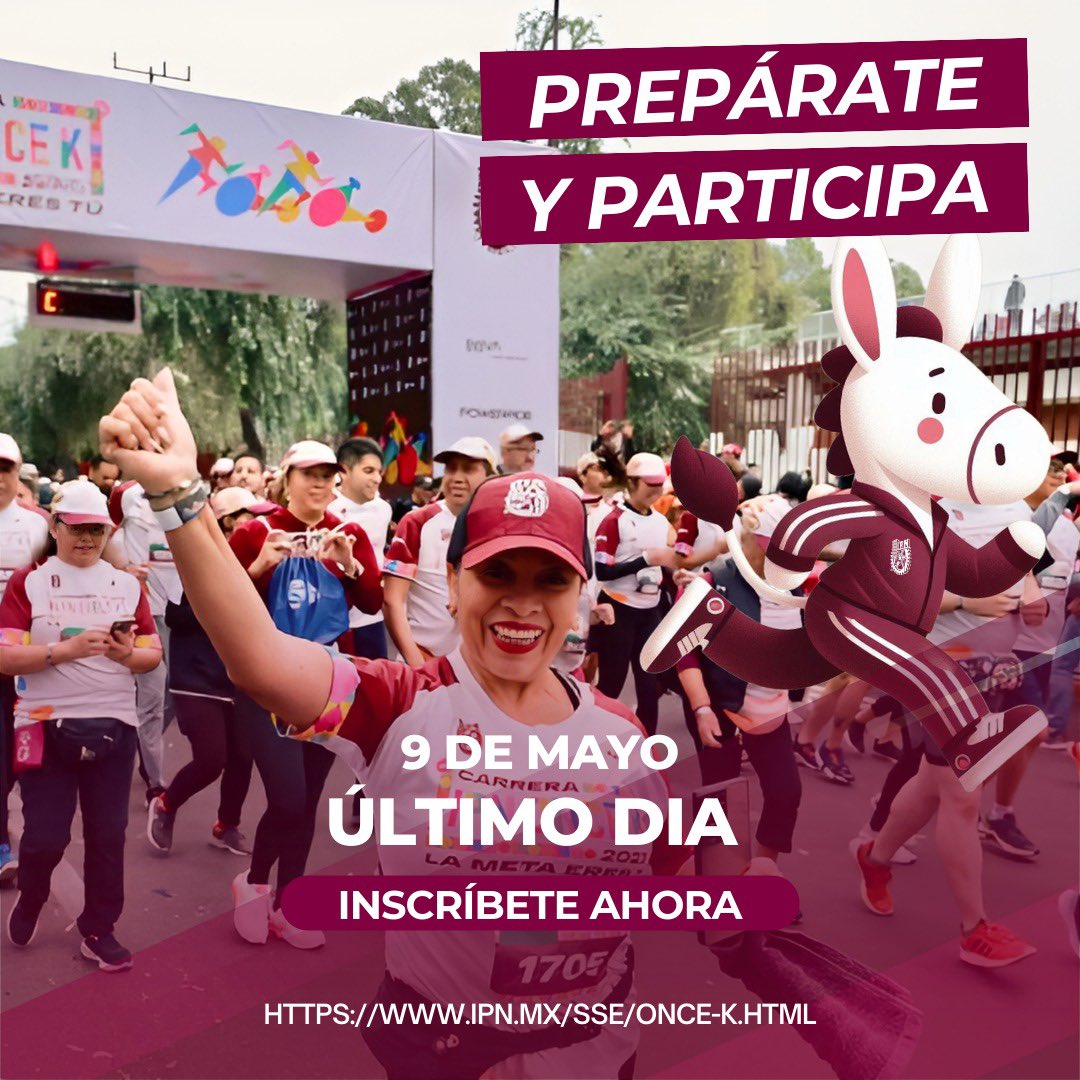 ❗️IMPORTANTE ❗️ No olvides que mañana 9 de mayo se cierran las inscripciones para la #CarreraIPNOnceK2024. No pierdas la oportunidad de participar en este gran evento! Puedes inscribirte en el siguiente enlace: ipn.mx/sse/once-k.html