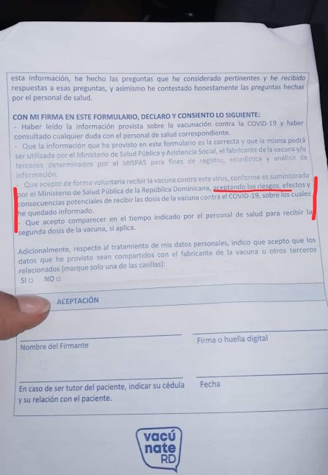 Sólo paso por aquí para recordarles a todos los 'vakunados' dominicanos, que no hay manera alguna de reclamarle al gobierno ni a la OMS, por cualquier efecto adverso relacionado con la terapia génica experimental, también conocida como 'Vacuna contra el COVID-19'. De nada.