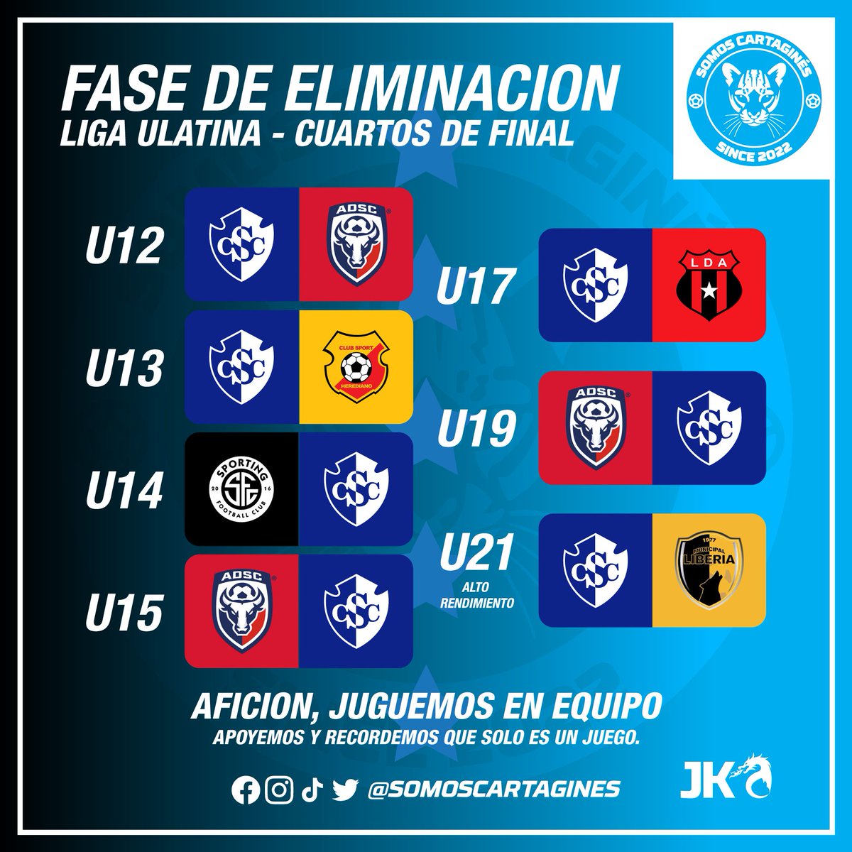 #LigaUlatina
Estos serán los enfrentamiento de las categorías del Club Sport Cartaginés tendrá en estos cuartos de final, los horarios se darán en las últimas horas o días.
#1CSC #VamosCartagines