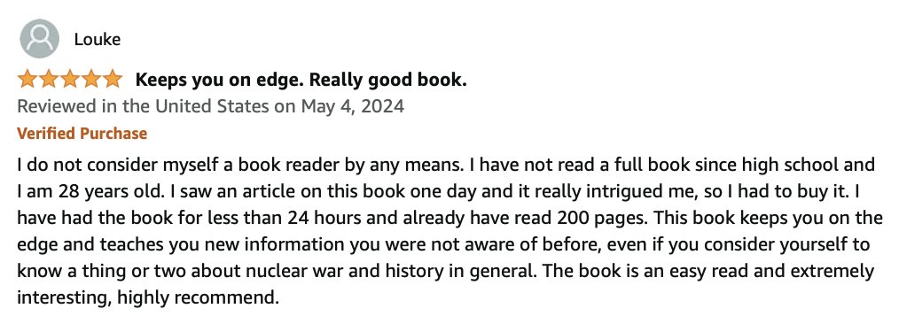 Wow. Next-level Amazon reader *review.* Thank you Louke. ⭐️⭐️⭐️⭐️⭐️ 'I do not consider myself a book reader by any means. I have not read a full book since high school and I am 28 years old. I saw an article on this book one day and it really intrigued me, so I had to buy it. I…