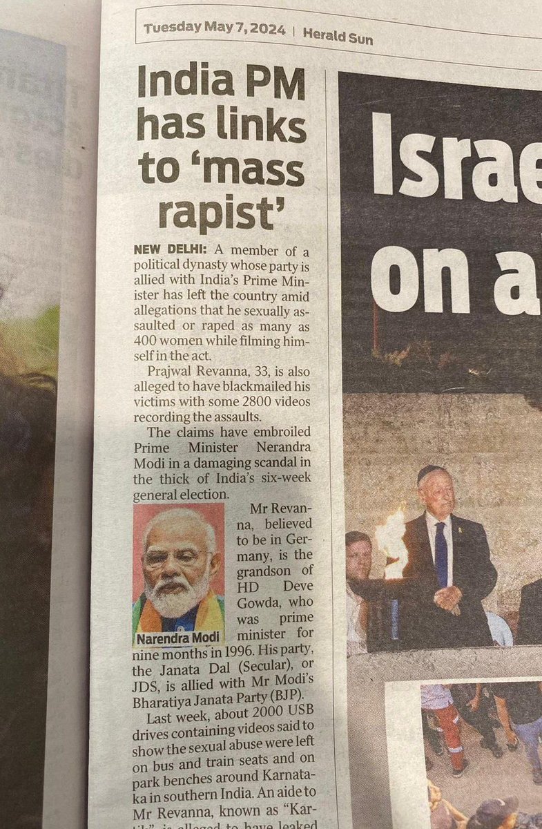 This is a newspaper in Australia PM Modi is bringing down the reputation of our whole country worldwide because of his actions. We Indians must not tolerate this. Vote wisely, Jai Hind 🙏🇮🇳 @narendramodi @RahulGandhi @INCIndia @AmitShah @aajtak @ABPNews @dhruv_rathee