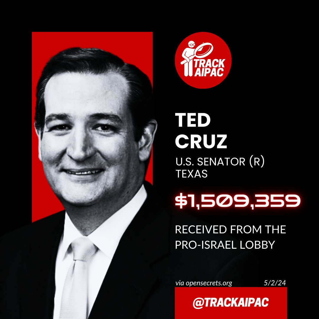 @SenTedCruz Ted Cruz is paid to parrot Israeli propaganda. He's collected OVER $1.5 MILLION from AIPAC and their allies. #RejectAIPAC