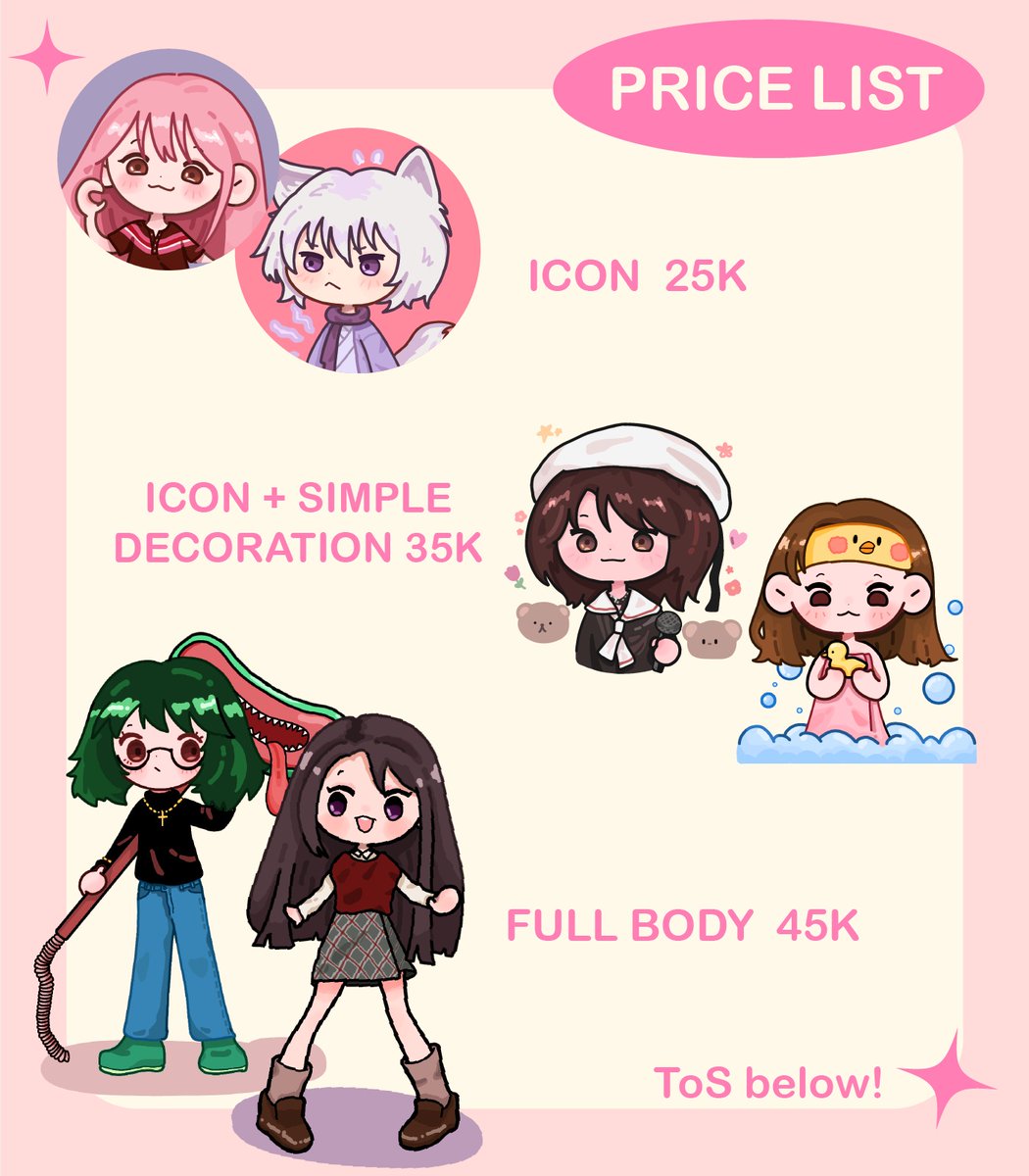 (RT & LIKES ARE APPRECIATED💗)
OPEN COMMISSION-LOCAL ONLY

Hii I'm opening chibi comms, please contact me if interested, thankyou!💗💗 ToS below!

#opencommissions #commisionsopen #zonakarya #artidn