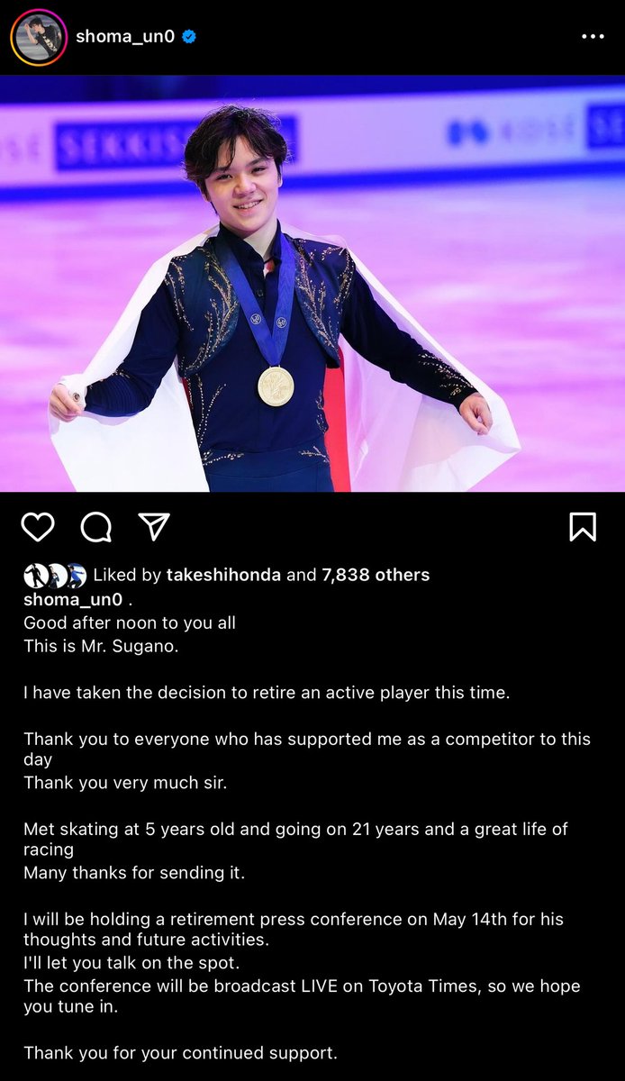 Three-time Olympic medalist, two-time World champion, and six-time Japanese champion Shoma Uno 宇野昌磨 just announced his retirement from skating