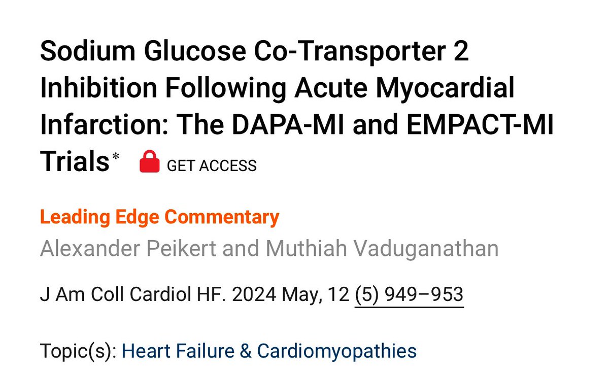 Outstanding new commentary on trial design/differences b/t DAPA-MI & EMPACT-MI on use of SGLT2i post MI in @JACCJournals #JACC by @mvaduganathan + Alex Peikert Can expected early improvements in EF post MI counter the risk of long term worsening HF? 📎: jacc.org/doi/10.1016/j.…