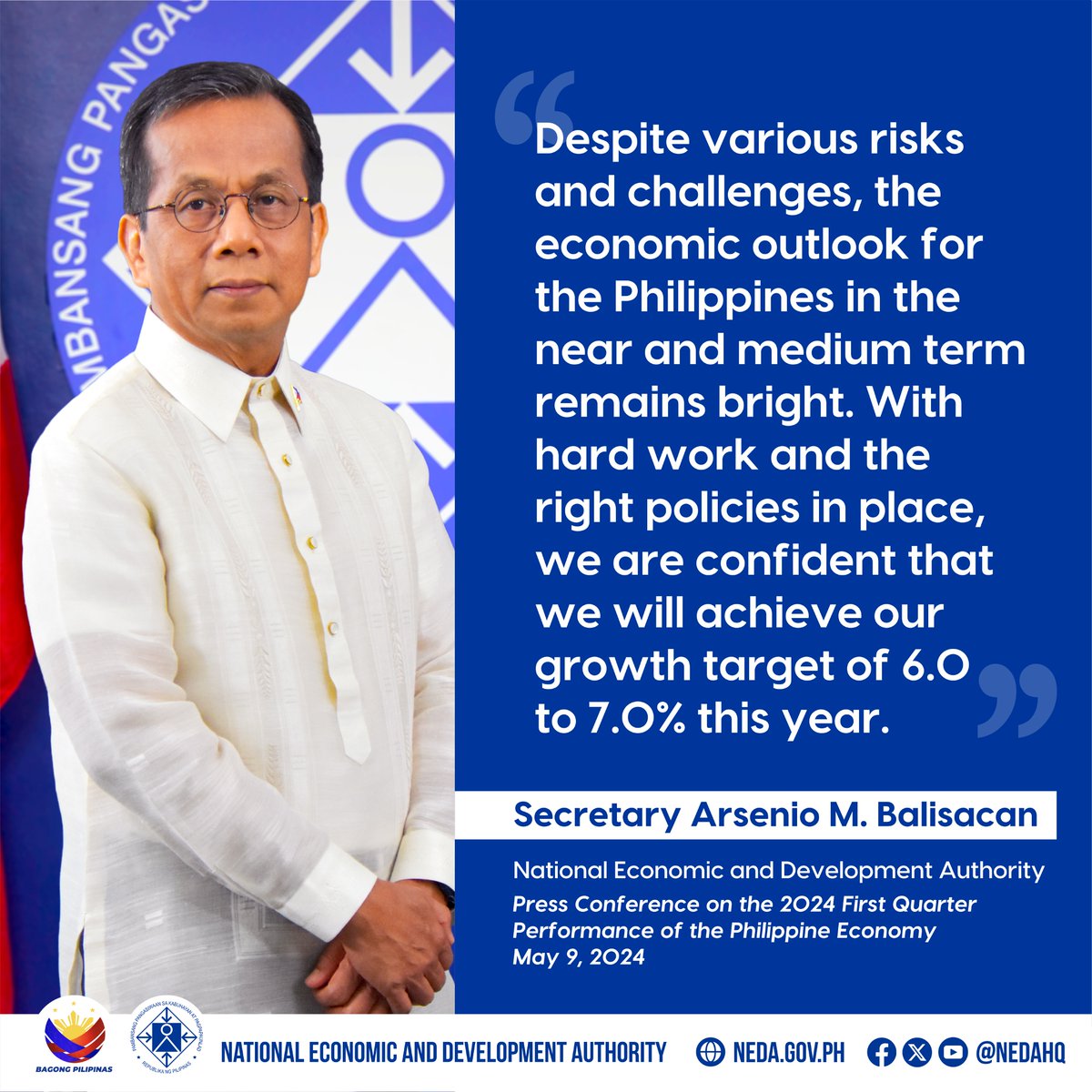 𝐋𝐎𝐎𝐊: As the Philippine economy expanded by 5.7% in the first quarter of 2024, NEDA Secretary @ambalisacan affirmed that the economic outlook for the country in the near and medium term remains bright. #PHGDP Read the Secretary's full statement here: bit.ly/Q12024GDPState…