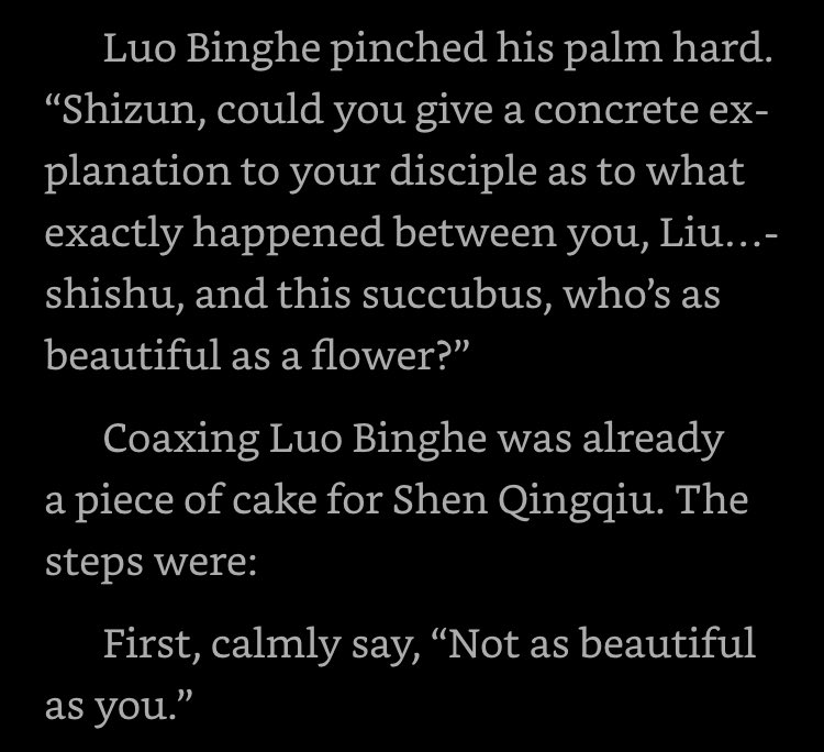 We don’t talk enough about SQQ deflecting Binghes jealous questioning by giving him one of the cheesiest no u responses ever